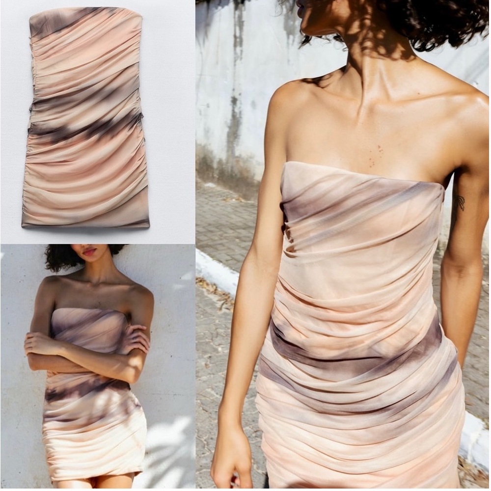 ZARA  Strapless tie dye tube gathered tulle ruched mini dress size small